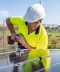 Tough As Nails Stainless Steel Solar Hanger Bolts With Dual Thread Adjustable Height for PV mounting, featured with a worker installing.