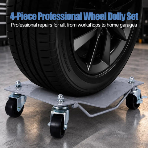 Rock Solid Heavy Duty Wheel Dolly Set Of Four With Smooth Swivel Wheels For Cars And Trucks 6000 Lbs Capacity on a tire in garage