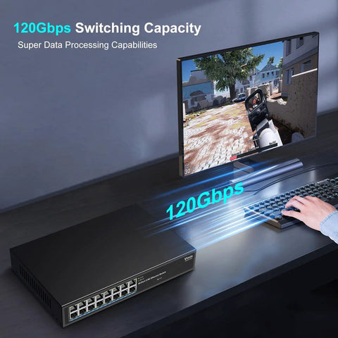Unmanaged 16 Port 2.5G Ethernet Switch Plug And Play Base T No Fuss Setup 120Gbps Switching Capacity next to computer monitor