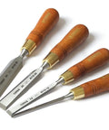 Solid 4-Piece Woodworking Chisel Set With Hornbeam Handles, chrome manganese steel RC59, sizes 6, 12, 20, 26 mm shown