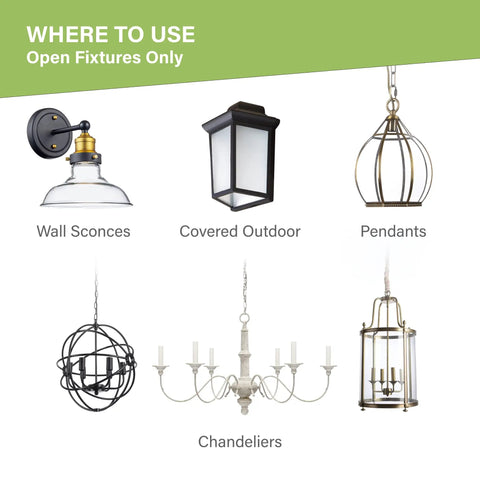 Image showing fixture options for Dimmable LED Candelabra Bulbs E12 CA10 Flame Tip 2700K Warm White 300LM 12 Pack, including wall sconces and chandeliers.