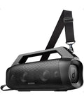Rippin Up The Backyard With 80W Of Pure Portable Bluetooth Sound That Packs Insane Bass Response And Sports A Fully IP67 Waterproof Shell Designed To Handle Any Weather While Bringing The Party Outside In Sleek Matte Black speaker with carrying strap