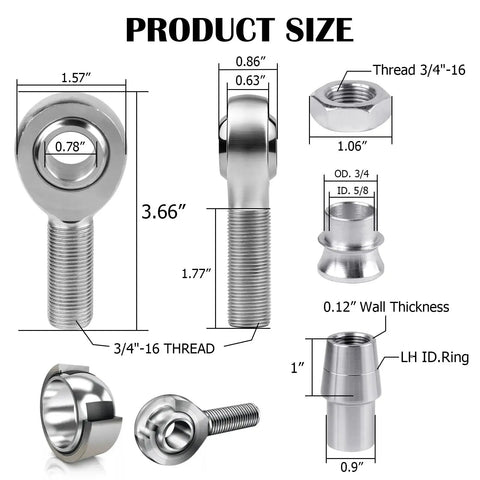 Heavy Duty 3/4 Inch Chromoly Heim Joints Rod End Kit Right And Left Thread dimensions with nuts and spacers shown in detailed image.