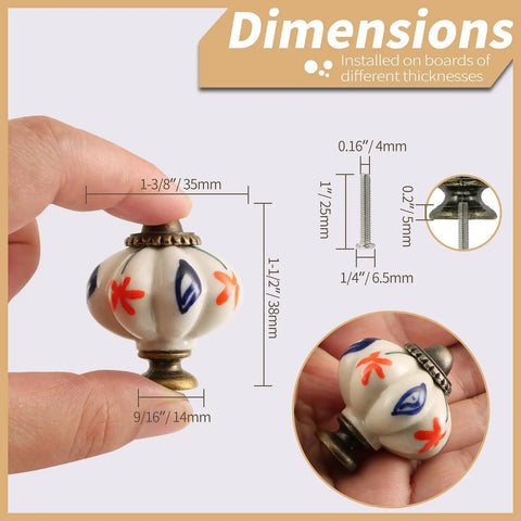 Hand Painted Ceramic Pumpkin Drawer Knobs Set Of Six Fine As A Bell Red Flower And Blue Leaf Design Vintage Cabinet Pulls Mounting Screws Included Quick Upgrade For Kitchen Cupboards Today Real Deal Home Decor, showing size dimensions.