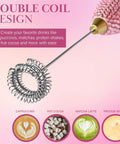 Close-up of Electric Rhinestone Handheld Milk Frother With Double Coil Whisk And Gold Stand Pink Battery Powered Portable Frother showcasing the double coil whisk.