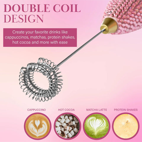 Close-up of Electric Rhinestone Handheld Milk Frother With Double Coil Whisk And Gold Stand Pink Battery Powered Portable Frother showcasing the double coil whisk.