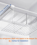 Slick Shallow Fridge Drawer Organizer gliding smoothly under a shelf, clear plastic, perfect for cheese and deli meat storage.