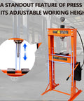 Image of Heavy Duty 30 Ton Hydraulic Shop Press With Press Plates Adjustable Height H-Frame Floor-Standing Auto Repair Press For Garages And Mechanical Workshops Beefy Steel Construction For Reliable Power And Long Lasting Use featuring adjustable height and steel construction in a workshop setting.