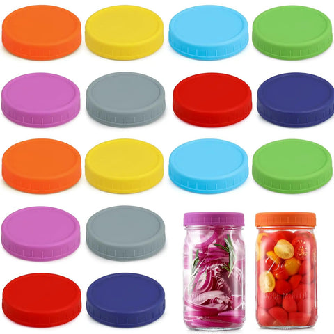 Hella Versatile Wide Mouth Mason Jar Lids 16 Pack Dope Colored Plastic Caps For Ball And Kerr Canning Jars, assorted colors and jars with contents.