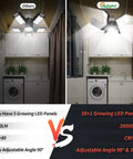 Comparison of Super Bright 300w Deformable Led Garage Lights illuminating a laundry room with adjustable panels and high lumens.