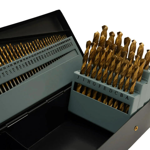 Solid 115 Pc Cobalt Drill Bit Set For Metal Pros, Heavy Duty High Speed Steel Bits With Storage Case, Sharp Twist Drills For Cast Iron And Steel Jobs That Last A Lifetime Without Wishing You Got Better. open labeled case with gold drill bits
