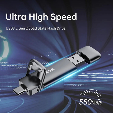 1TB USB C And USB A External SSD With 550MBps Fast Transfer on a futuristic blue background