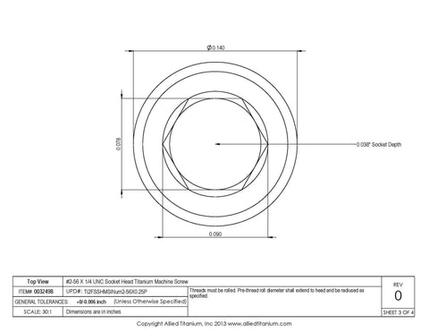 Top view diagram of Pack Of Twenty Five Grade 2 Pure Titanium Socket Head Machine Screws Size 2 56 By Quarter Inch UNC Threads.
