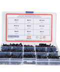 380Pcs Self Tapping Screws Kit Black Carbon Steel Round Head Self Drilling Screws With Washer visible in open case