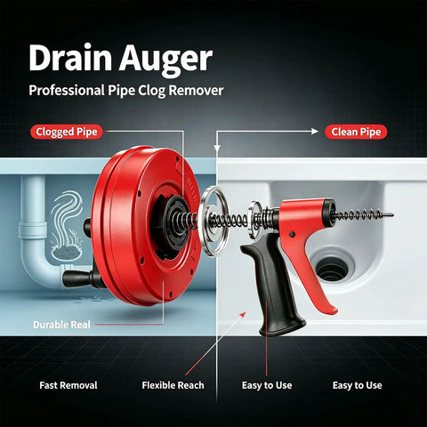 Pro Grade Heavy Duty Auto Feed Drain Auger With Sturdy Drill Adapter for fast no sweat clog removal displayed with a clogged pipe.