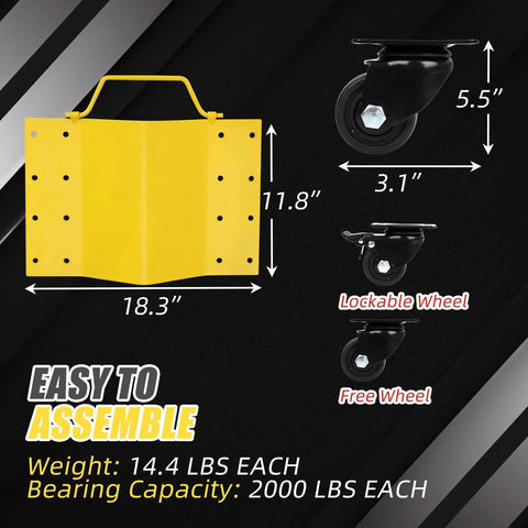 Heavy Duty Car Wheel Dolly With Rock Solid 8000 Lbs Capacity And Tight Grip Lock For Smooth Rolling Garage Vehicle Mover Built Damn Tough With Reinforced Steel Frames And Precision Casters, featuring dimensions and lockable wheel.
