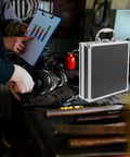 Boss Grade Aluminum Alloy Toolbox Featuring Secure Locking Panel And Portable Tool Stash Hella Tough on workbench with tools.