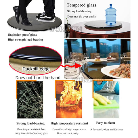 Kick Back Heavy Duty Tempered Glass Lazy Susan Turntable 31 To 35 Inch with duckbill edge and high impact resistance.