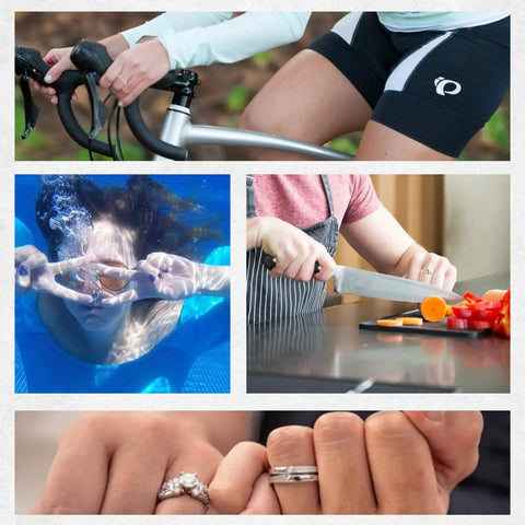 Collage of cycling, swimming, cooking, and close-up of loose rings with Invisible Ring Size Adjuster For Loose Rings With Six Sizes.