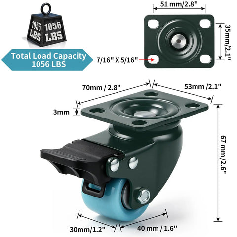 Heavy Duty Swivel Plate Casters With Brakes Polyurethane Tread Rolls Smooth As Silk Indoors Built Tough Steel Base, 1056 lbs capacity.