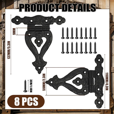 Vintage Antique Cast Iron T Hinges For Cabinet Doors 5 Point 3 Inch Heavy Duty Black Powder Coat Finish Rustic Hardware Eight Pack detailed view with screws and dimensions.