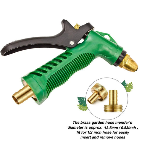 Green garden hose nozzle with brass connector from Four Pack One Half Inch Garden Hose Repair Connector Kit With Male And Female Fittings.