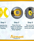 Top Shelf Plastic Stud Grommets For Metal Framing installation steps, showing separation, placement, and wire installation.