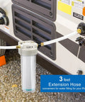 Real Deal Rv Water Filter Kicks Out Chlorine And Lead While Serving Hella Clean Taste Uses A Slick Nsf Certified Carbon Block For Marine Garden And Pet Safe Water, connected with a 3-foot hose at RV water intake.