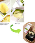 GProMe mandoline slicer, white with green accents; adjustable veggie slicer shown in front view slicing potatoes.