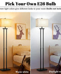Modern Black Floor Lamp With Dual Poles And Fabric Shade Tall Reading Lamp With Foot Switch For Living Room Bedroom Office And Nursery Contemporary Farmhouse Style showing two lighting options.