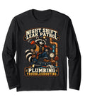 Badass Raccoon Plumber Night Shift Leak Patrol Long Sleeve Shirts With Sick Pipe Wrench Graphic showing a raccoon in work attire.