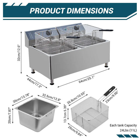 Product dimensions of Festisoul 22Qt Double Commercial Electric Deep Fryer, 3400W with stainless steel construction and XL baskets.