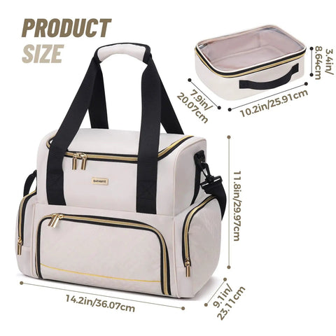 Large Medicine Storage Bag With Two Removable Cases Travel Organizer With Multiple Compartments Durable Beige With Shoulder Strap And Handles Ideal For Home Or On The Go, dimensions shown.