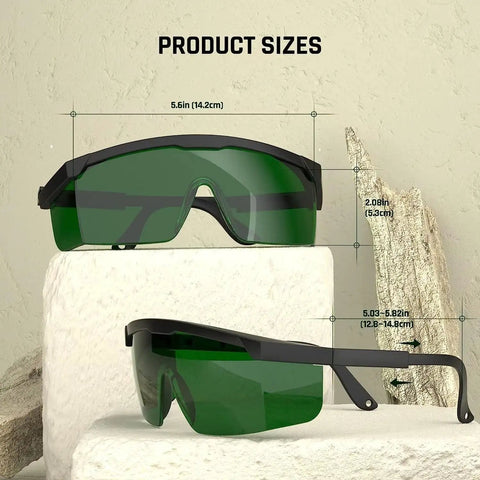 Built Like A Tank Laser Safety Glasses With Locked In Eye Protection For IPL Hair Removal, showing size dimensions on display.