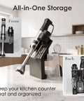Heavy-Duty 8-In-1 Immersion Blender, 1200W Beast Mode Motor, stored neatly with accessories in modern kitchen setting