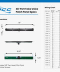 48-Port Telco Voice Patch Panel Specs with dimensions 19" x 1.75" for organized telecommunication wiring.