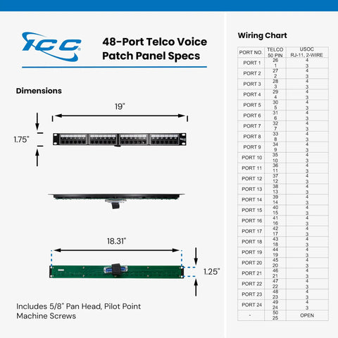 48-Port Telco Voice Patch Panel Specs with dimensions 19" x 1.75" for organized telecommunication wiring.