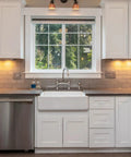 Modern kitchen with Brushed Satin Nickel Cabinet Pulls 5 Inch Center To Center 10 Pack Kitchen Cabinet Hardware Handles on white cabinets.
