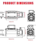 Product dimensions of the 12000 Lbs Electric Winch with 3 8 Inch By 85 Feet Synthetic Rope and Dual Wireless Remotes.