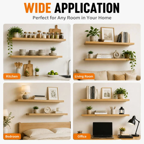 Wide application of Two Pack 22 Inch Heavy Duty Floating Shelf Brackets With Complete Installation Kit in various rooms.