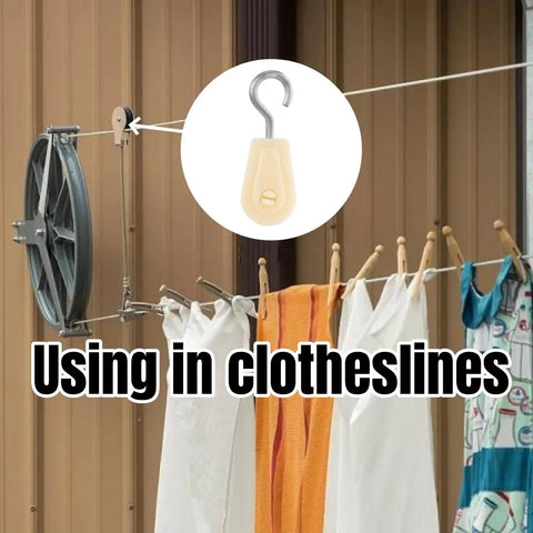 15 Piece Nylon Pulley Sets Featuring Slick Steel Swivel Hooks For A Dead Smooth 360 Degree Spin Heavy Duty Mini Sheaves used on a clothesline.