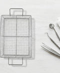 Stainless Steel Ultrasonic Cleaner Basket Replacement Wire Mesh Filter Insert For Metal Parts Washing And Tool Holders 8x4x3 Inches Heavy Duty Design Boosts Fluid Circulation And Keeps Your Parts Secure During Cleaning. Wire mesh basket with handles, top view