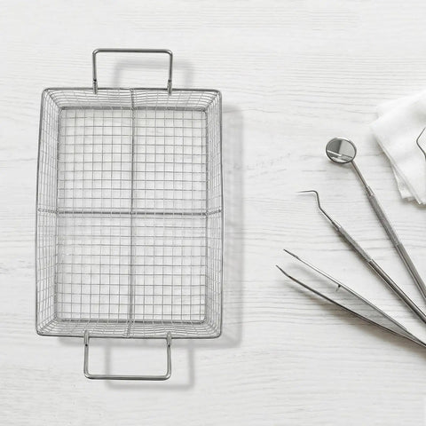 Stainless Steel Ultrasonic Cleaner Basket Replacement Wire Mesh Filter Insert For Metal Parts Washing And Tool Holders 8x4x3 Inches Heavy Duty Design Boosts Fluid Circulation And Keeps Your Parts Secure During Cleaning. Wire mesh basket with handles, top view