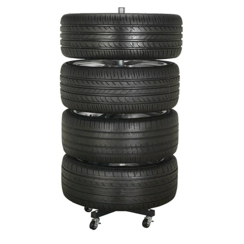 Heavy Duty Tire Roller Stand With Lockable Wheels And Slick Glide Base Sized For 13 To 17 Inch Car Rims Moving 220 Pounds Like A Boss with stacked tires.