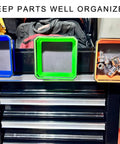 Three square collapsible magnetic trays with double-sided bases on a tool chest with bolts and nuts. "KEEP PARTS WELL ORGANIZED" text.