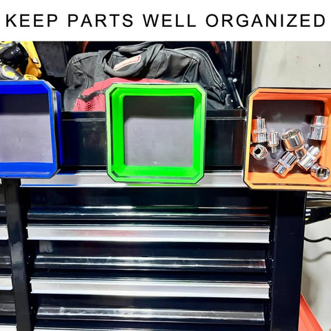 Three square collapsible magnetic trays with double-sided bases on a tool chest with bolts and nuts. "KEEP PARTS WELL ORGANIZED" text.