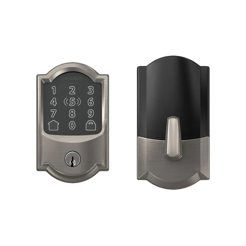 Rock Solid Smart WiFi Lock For Front Door Keyless Entry Deadbolt Works With Apple Watch Unlock Built In WiFi Hassle Free App Control Easy Install Alexa And Home Kit Ready Satin Nickel Pack Of Four showing keypad and latch side view.