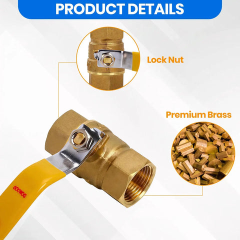 Close-up view of Heavy Duty Full Port Brass Ball Valve 3/4 Inch Threaded Pipe Fitting for Water Air Oil and Gas with lock nut.
