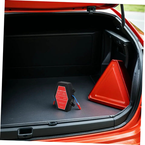 Hella Compact Self Activating Automotive Fire Extinguisher Straight Up Rapid Flame Suppressant Aerosol Emergency Kit in car trunk.