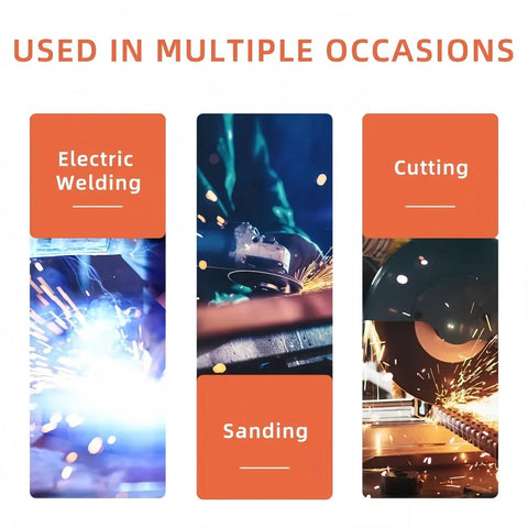 Rugged No Nonsense Laser Safety Glasses Equipped With Auto Darkening Lens Tech in use during electric welding, sanding, and cutting.
